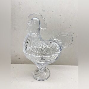 Vintage Clear Glass Two Piece Rooster Covered Dish